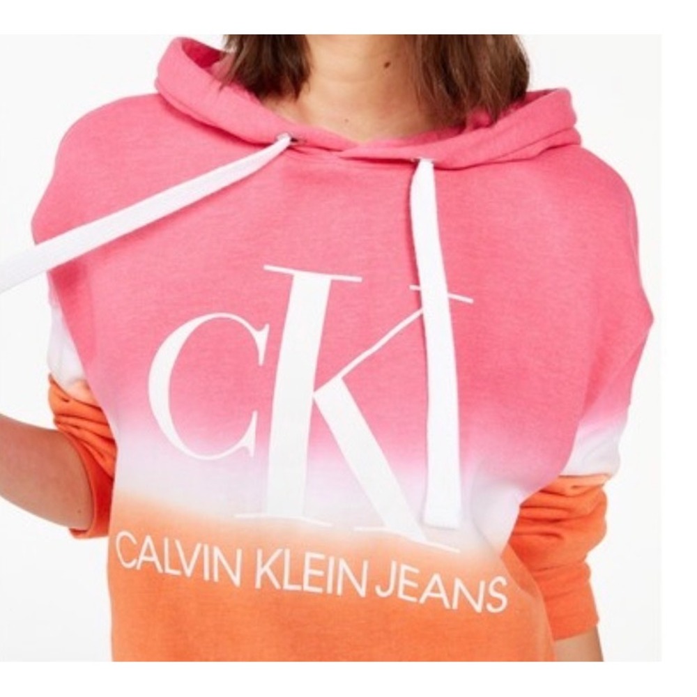 Calvin Klein Jeans Womens Ombre Cropped Hoodie Pink Orange CK Logo Sweatshirt